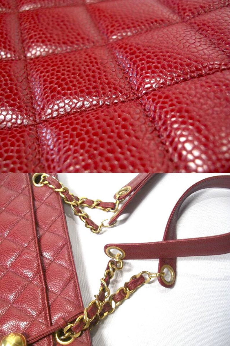 CHANEL Vintage cherry red caviar leather quilted shoulder bag, tote with golden CC ball and chain straps