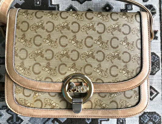 Celine Vintage beige macadam and blason pattern classic shoulder bag with golden logo motifs