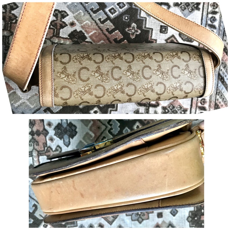 Celine Vintage beige macadam and blason pattern classic shoulder bag with golden logo motifs