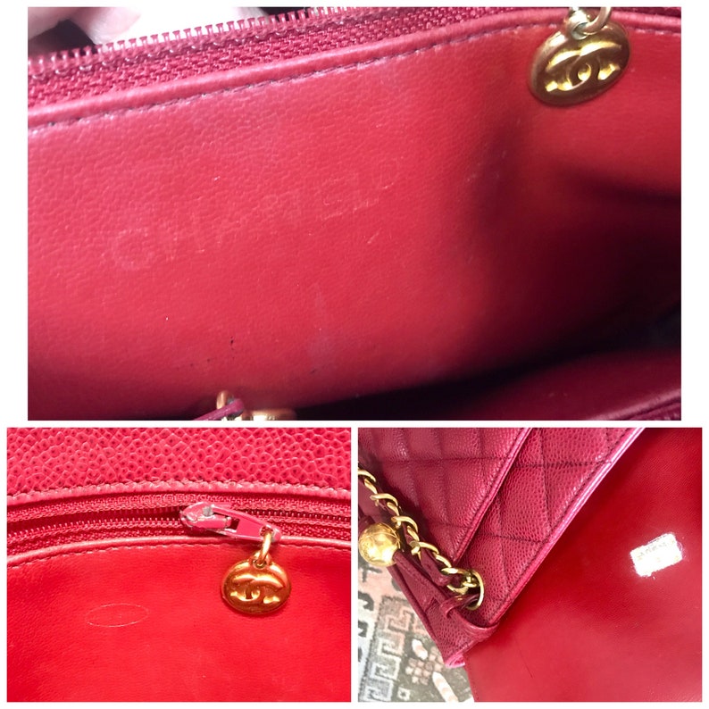 CHANEL Vintage cherry red caviar leather quilted shoulder bag, tote with golden CC ball and chain straps