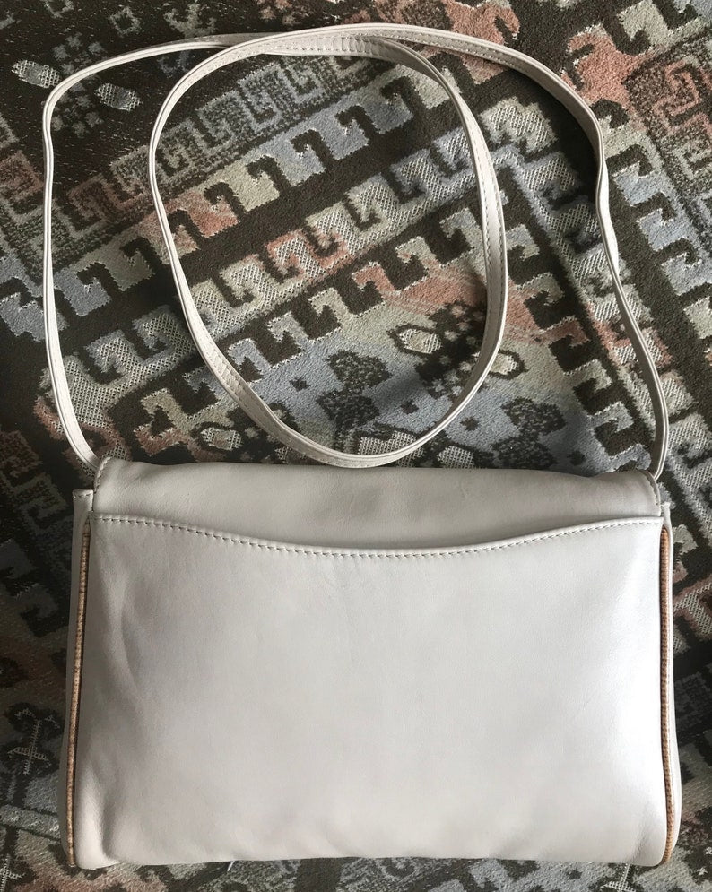 Celine Vintage ivory beige and brown lizard embossed leather combo shoulder bag, clutch purse with golden logo