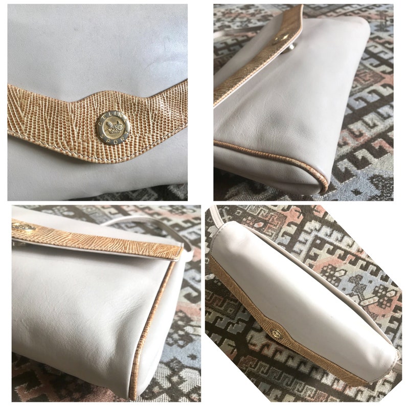 Celine Vintage ivory beige and brown lizard embossed leather combo shoulder bag, clutch purse with golden logo