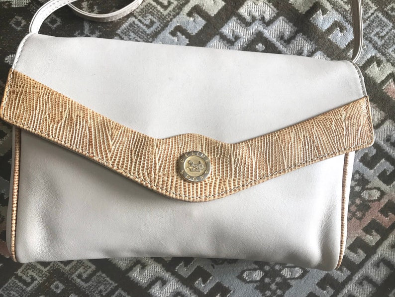 Celine Vintage ivory beige and brown lizard embossed leather combo shoulder bag, clutch purse with golden logo