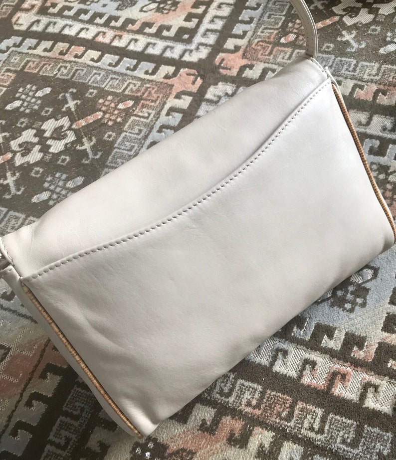 Celine Vintage ivory beige and brown lizard embossed leather combo shoulder bag, clutch purse with golden logo