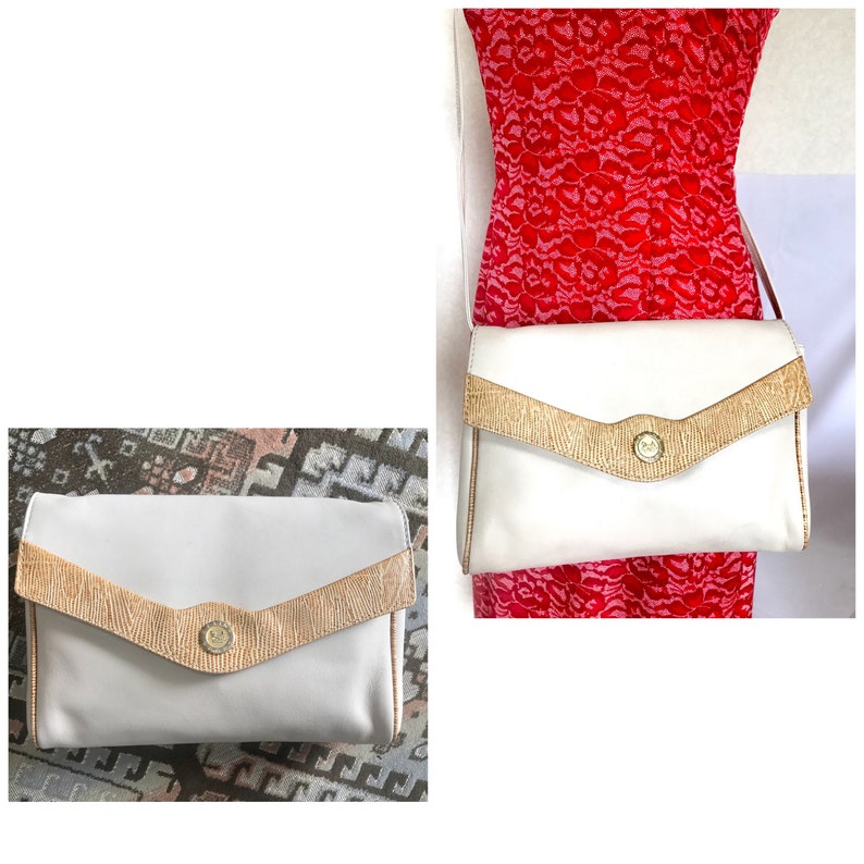 Celine Vintage ivory beige and brown lizard embossed leather combo shoulder bag, clutch purse with golden logo