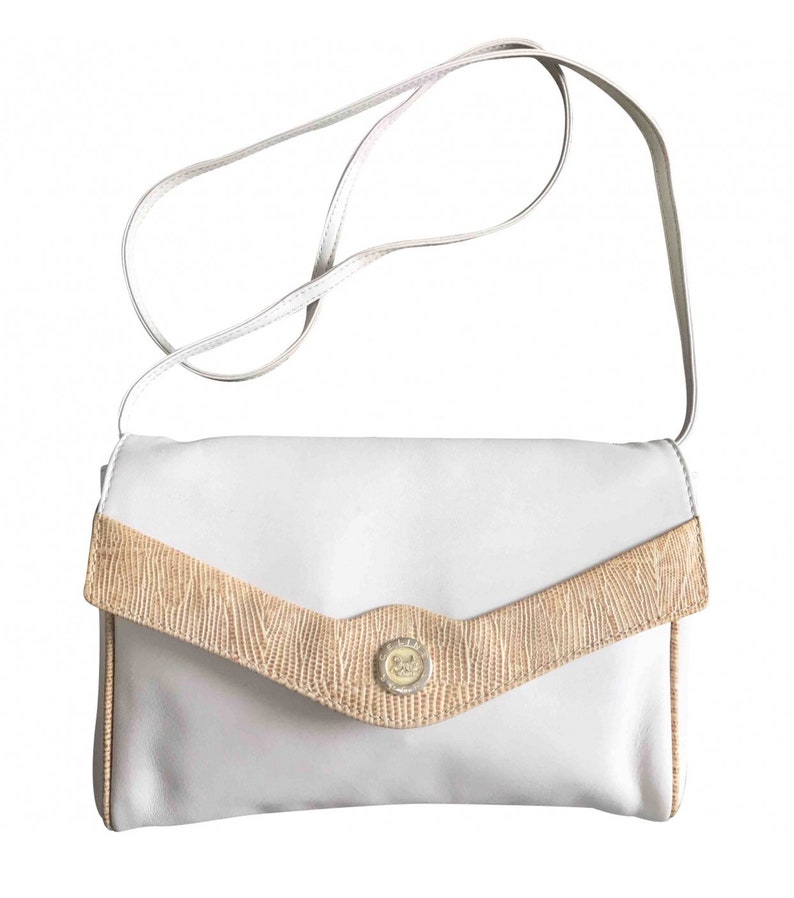 Celine Vintage ivory beige and brown lizard embossed leather combo shoulder bag, clutch purse with golden logo