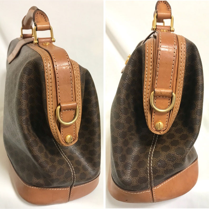 Celine Vintage brown macadam blaison doctor bag with tanned brown leather trimming