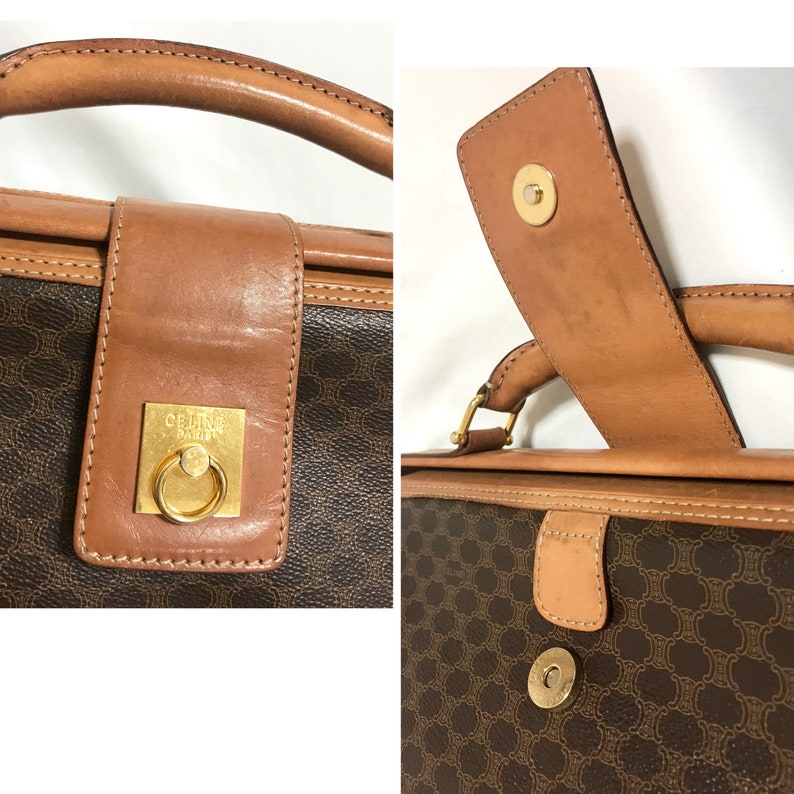 Celine Vintage brown macadam blaison doctor bag with tanned brown leather trimming