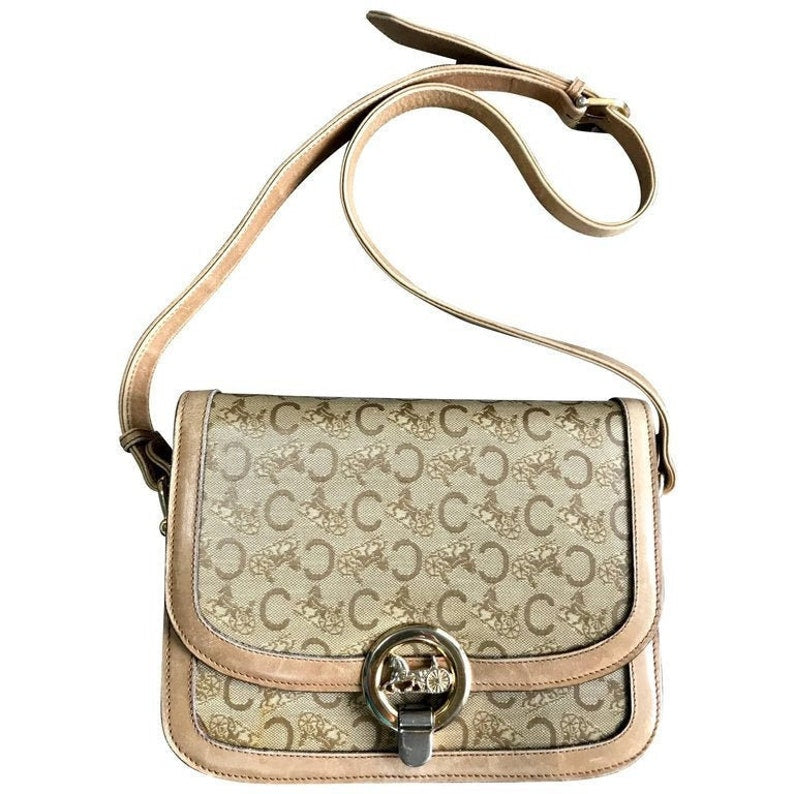 Celine Vintage beige macadam and blason pattern classic shoulder bag with golden logo motifs