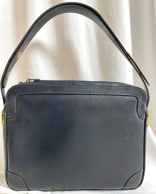 Celine Vintage navy genuine leather shoulder bag with golden triomphe logo