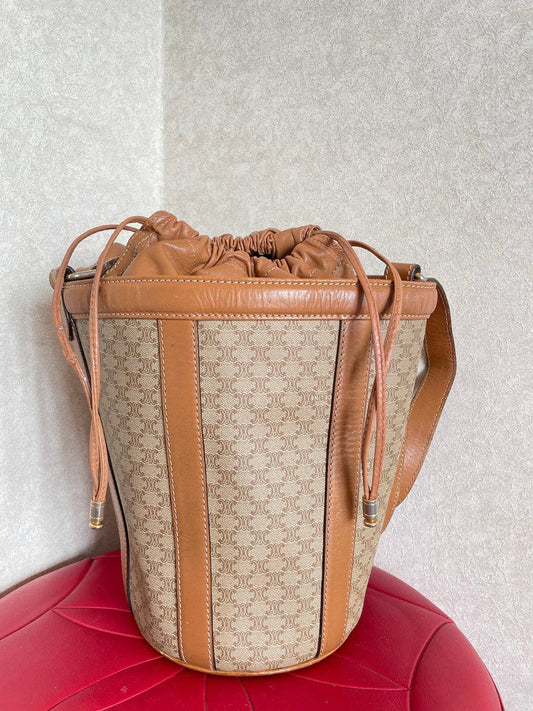 Celine Vintage round box shape hobo bucket shoulder purse in classic brown macadam blaison pattern with leather strap