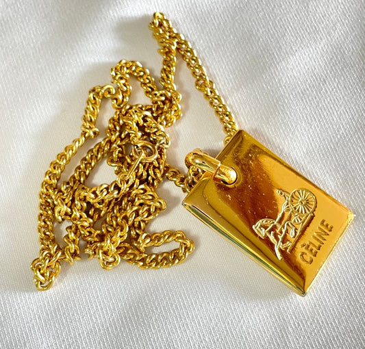 Celine Vintage golden chain necklace with logo embossed plate