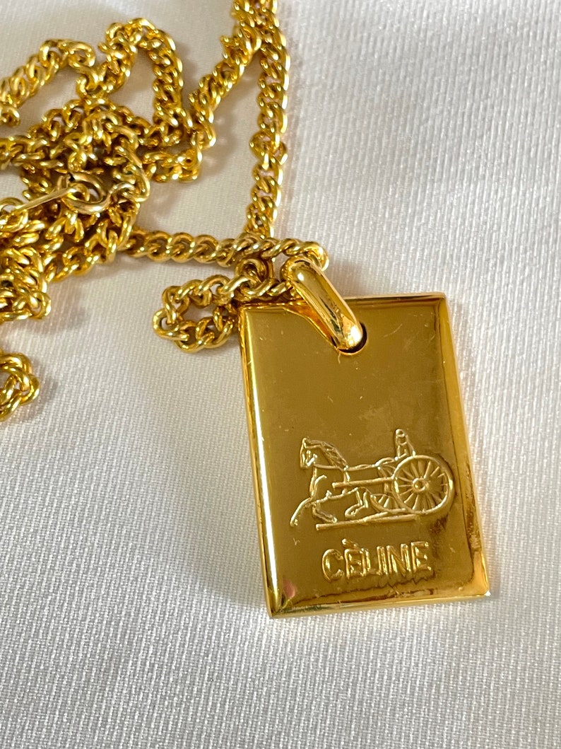 Celine Vintage golden chain necklace with logo embossed plate