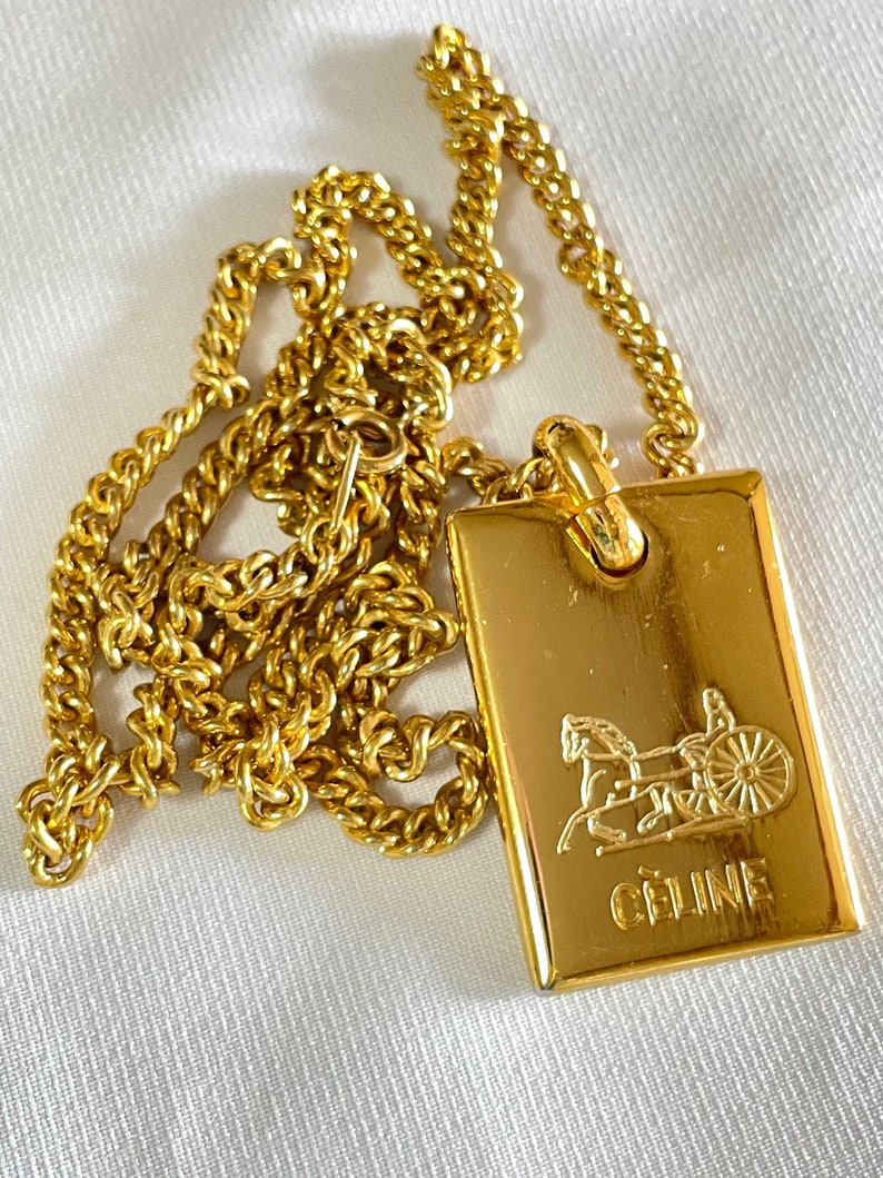 Celine Vintage golden chain necklace with logo embossed plate