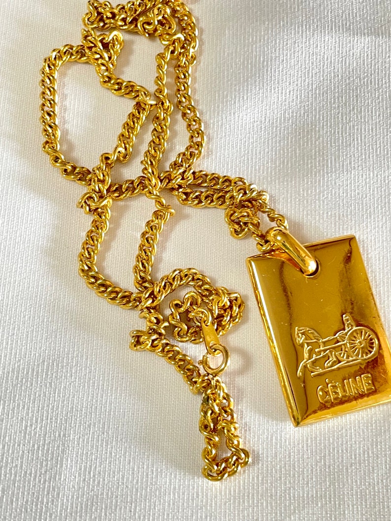 Celine Vintage golden chain necklace with logo embossed plate