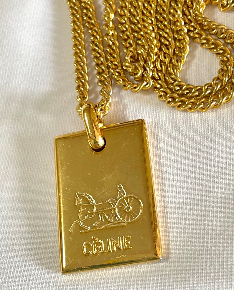 Celine Vintage golden chain necklace with logo embossed plate