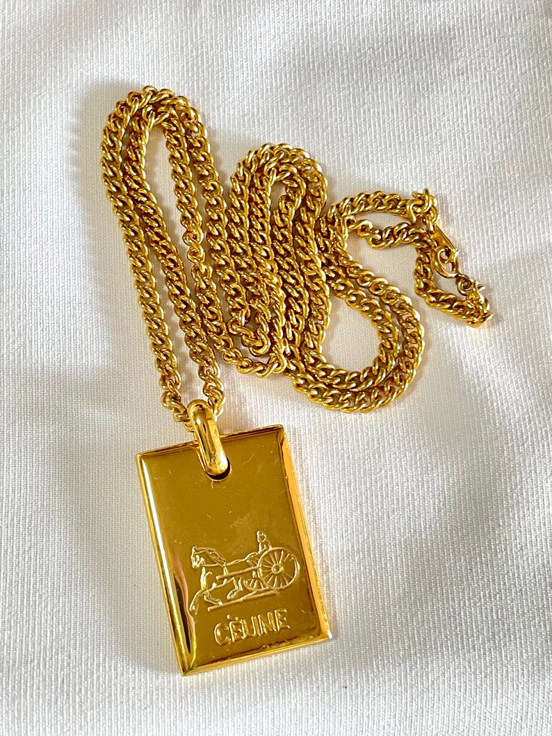 Celine Vintage golden chain necklace with logo embossed plate