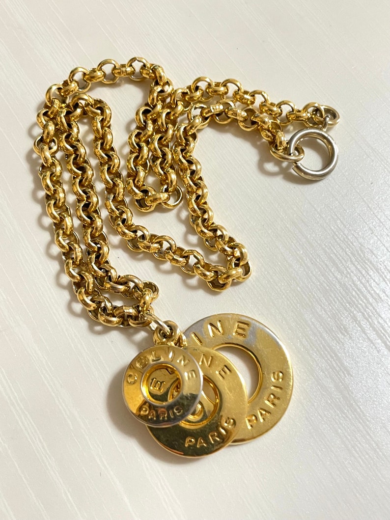 Celine Vintage golden triple round hoop charm necklace