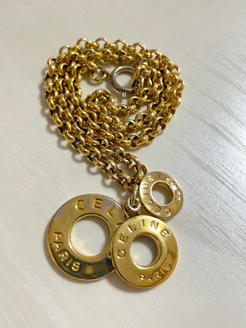 Celine Vintage golden triple round hoop charm necklace