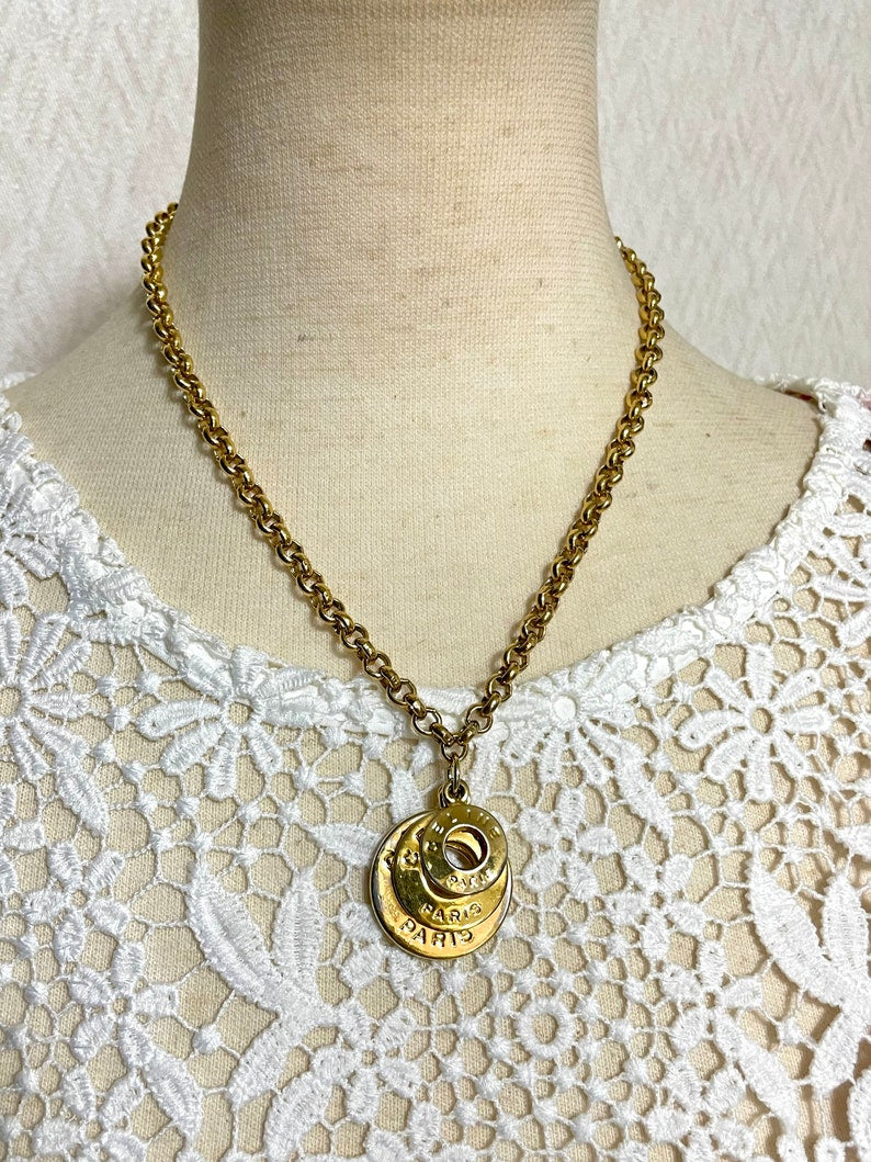 Celine Vintage golden triple round hoop charm necklace