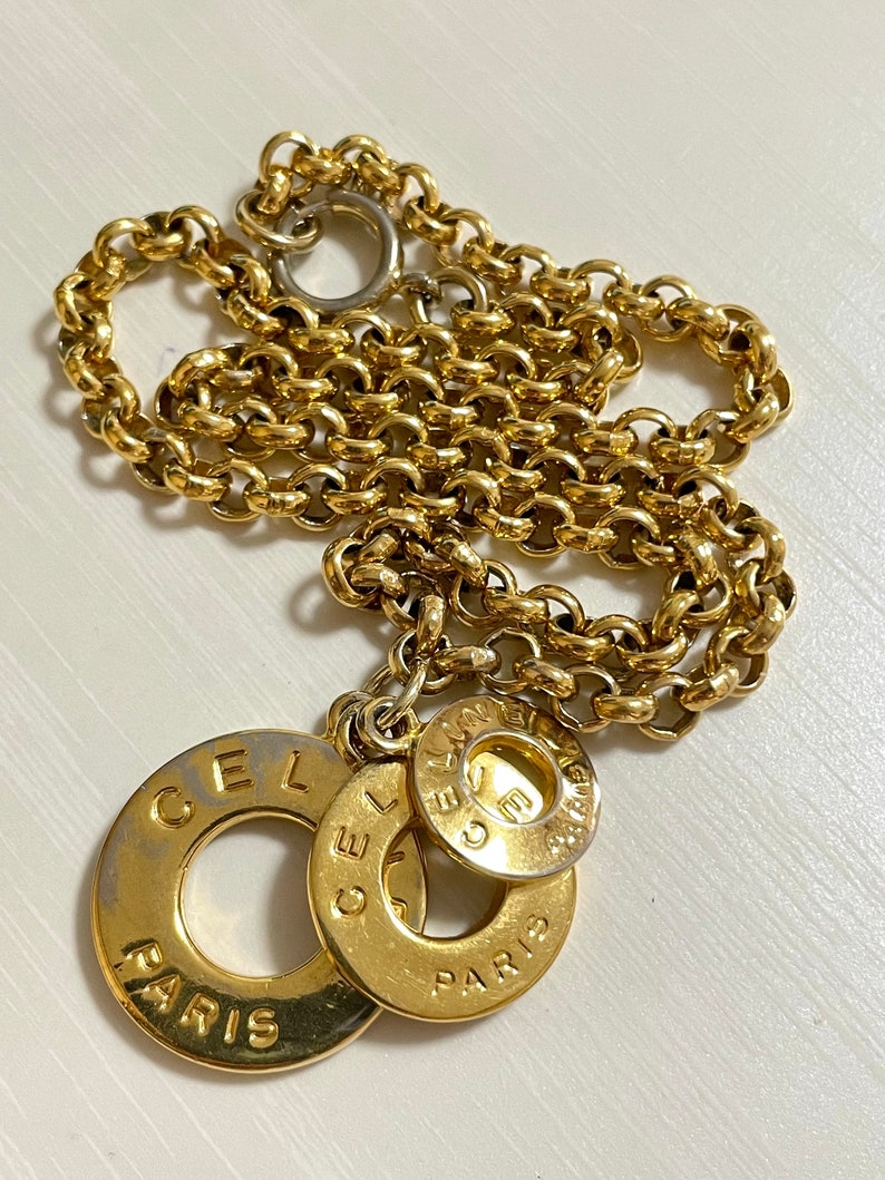 Celine Vintage golden triple round hoop charm necklace