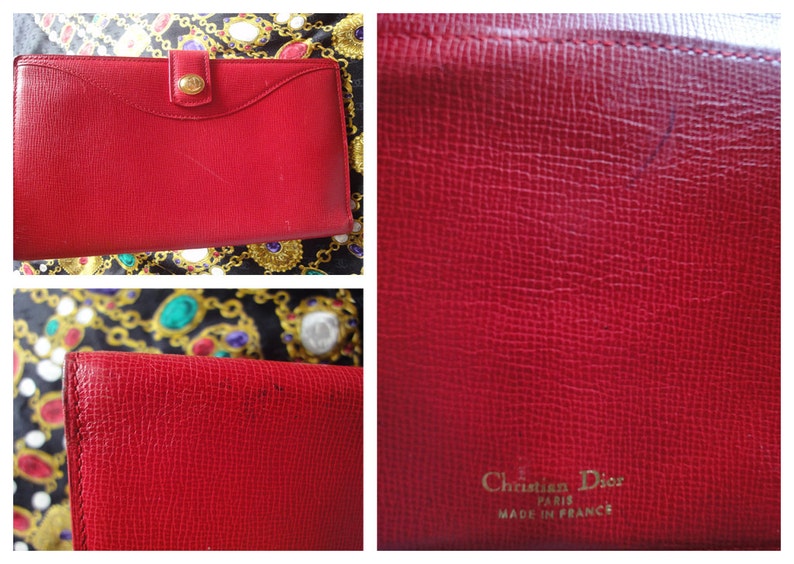 CHRISTIAN DIOR Vintage red genuine leather wallet with gold tone CD charm