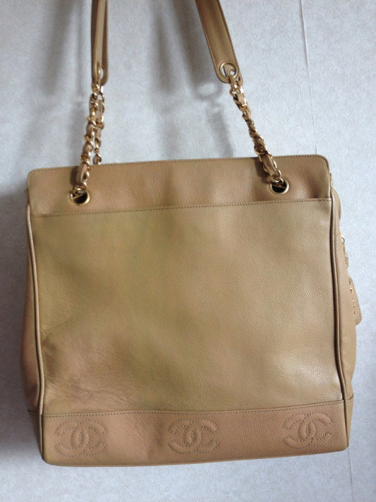 CHANEL Vintage brown beige caviar leather chain tote bag, shoulder purse with CC stitch marks