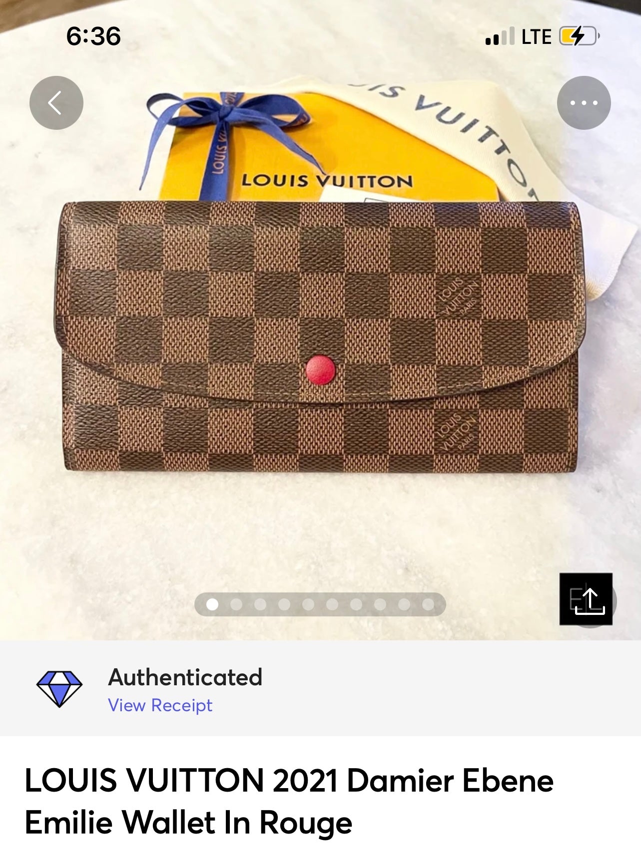 LOUIS VUITTON 2021 Damier Ebene Emilie Wallet In Rouge