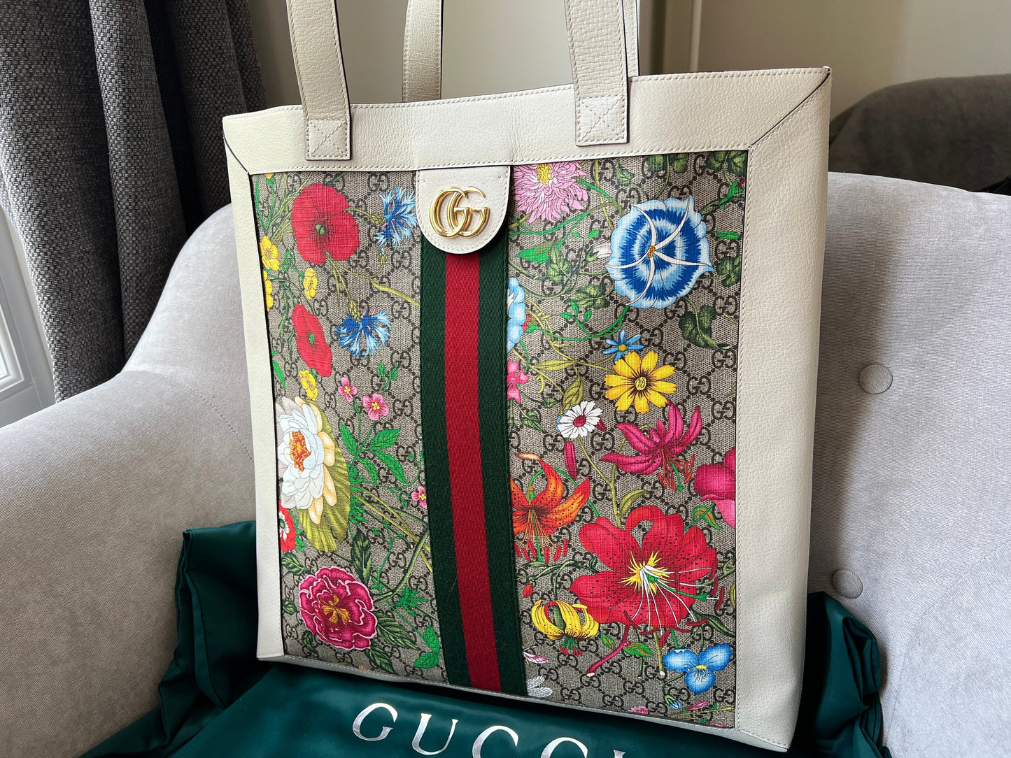 Gucci White Monogram Canvas Flora Large Ophidia Shopping Tote