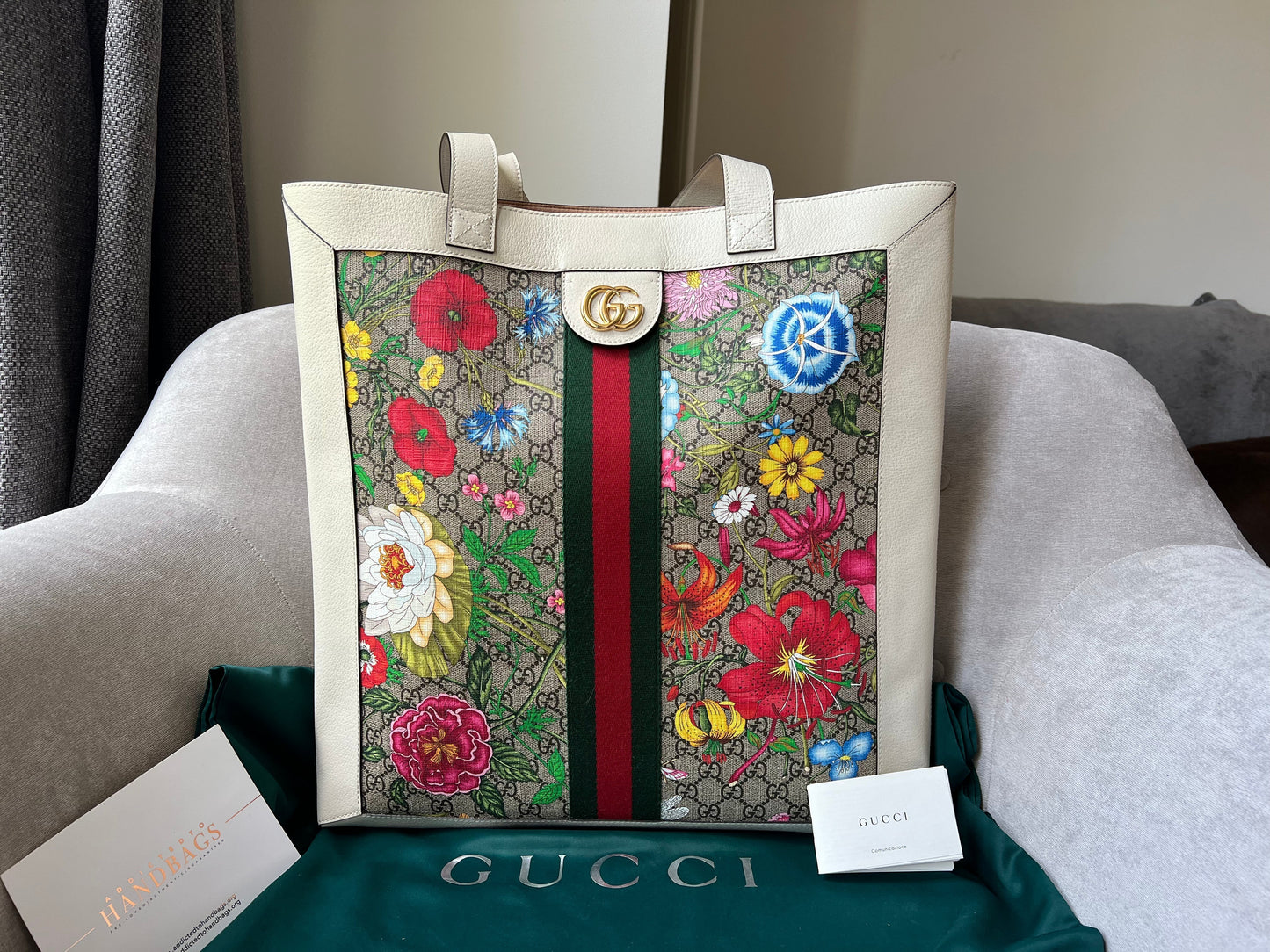 Gucci White Monogram Canvas Flora Large Ophidia Shopping Tote