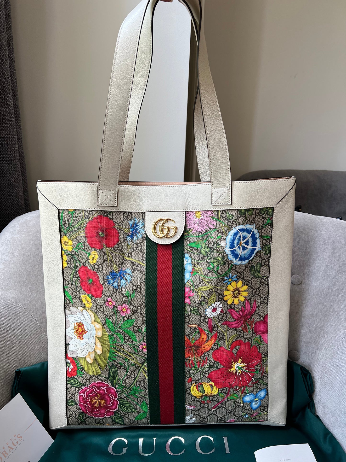 Gucci White Monogram Canvas Flora Large Ophidia Shopping Tote