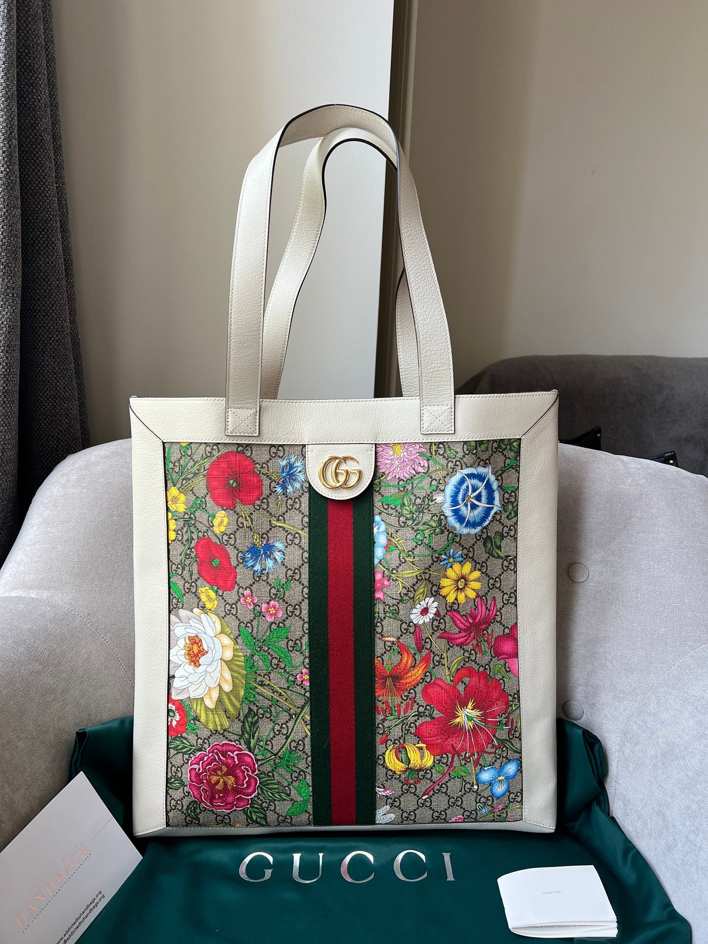 Gucci White Monogram Canvas Flora Large Ophidia Shopping Tote