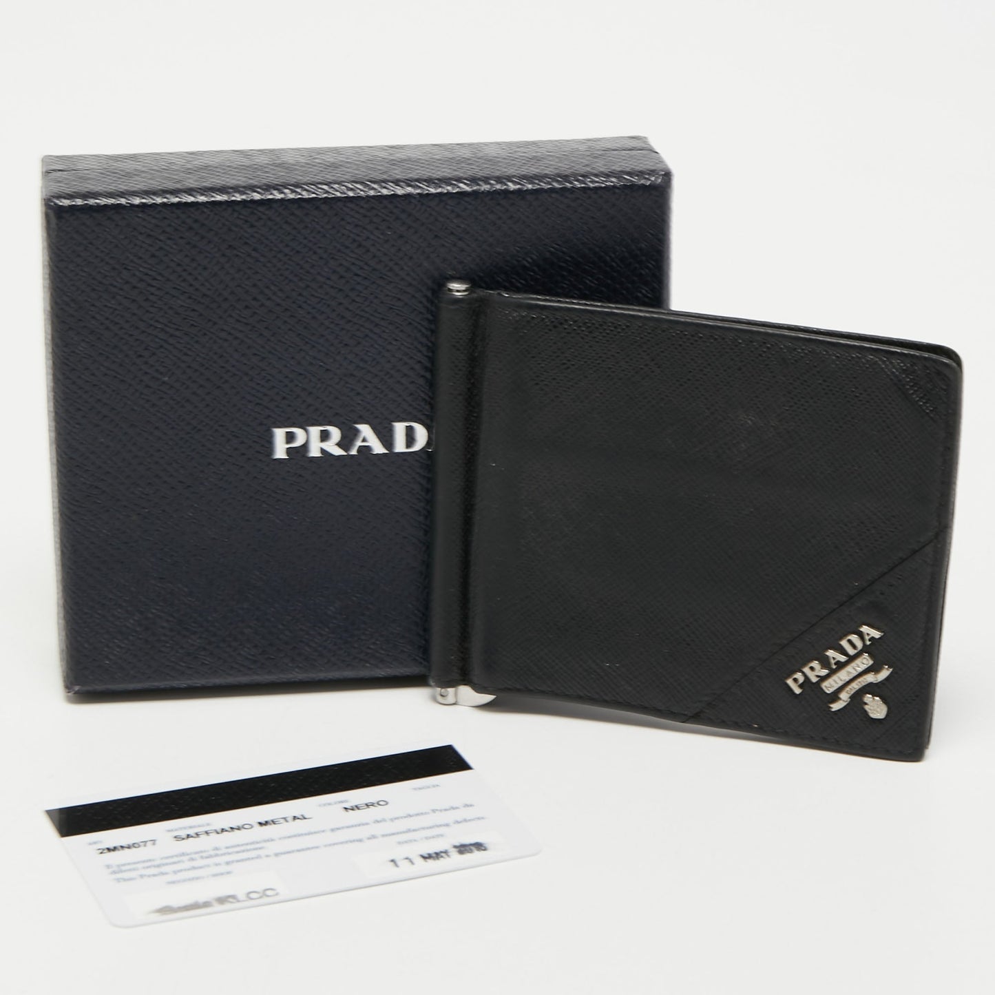 PRADA Saffiano Metal Leather Money Clip Bifold Wallet