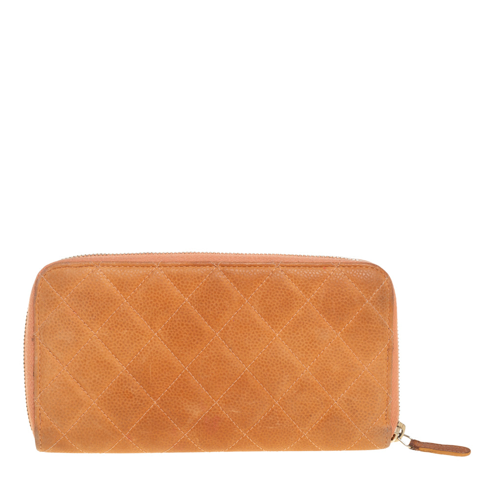 Chanel Orange Quilted Caviar Suede CC Zip Around Wallet