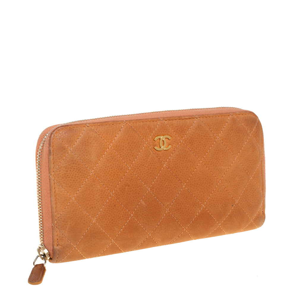 Chanel Orange Quilted Caviar Suede CC Zip Around Wallet