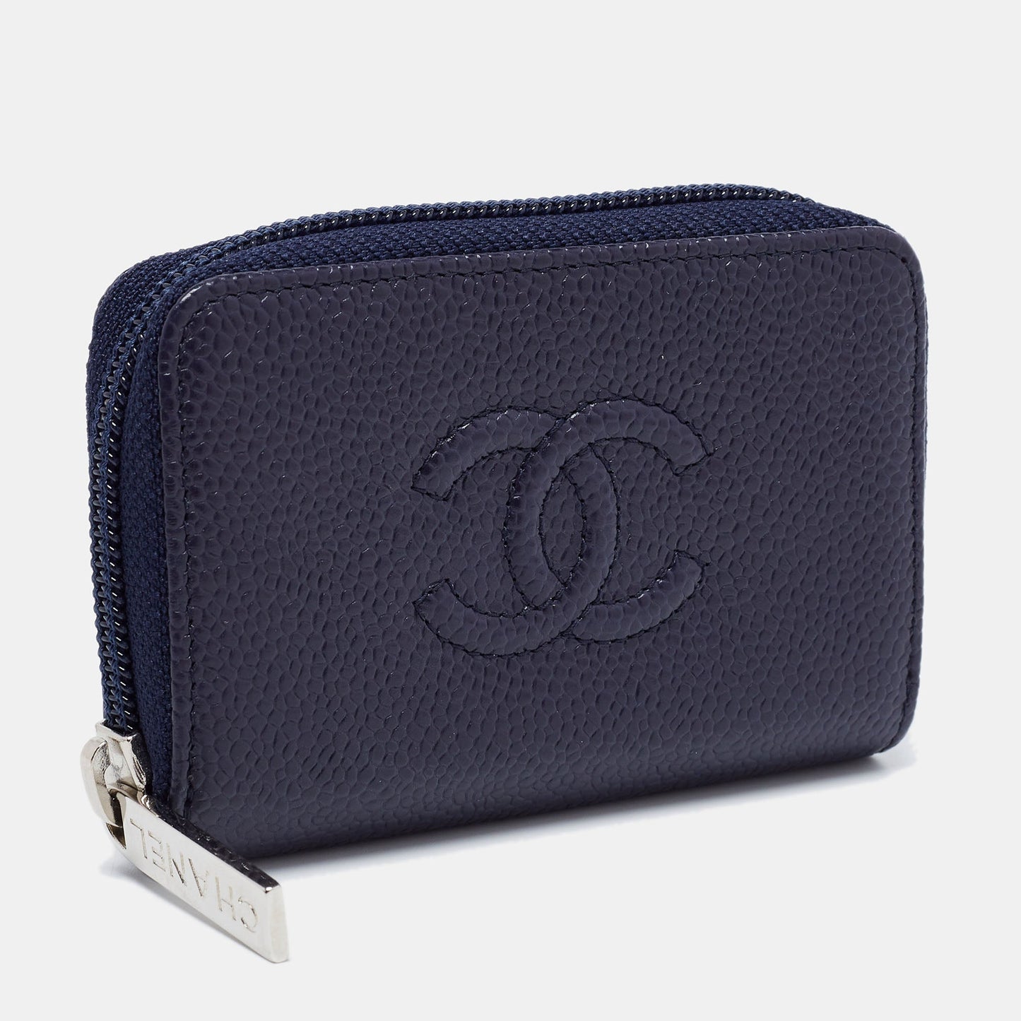 Chanel Dark Blue Caviar Leather CC Timeless Zip Around Wallet