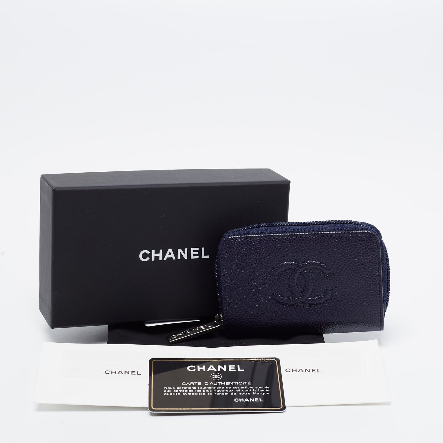 Chanel Dark Blue Caviar Leather CC Timeless Zip Around Wallet