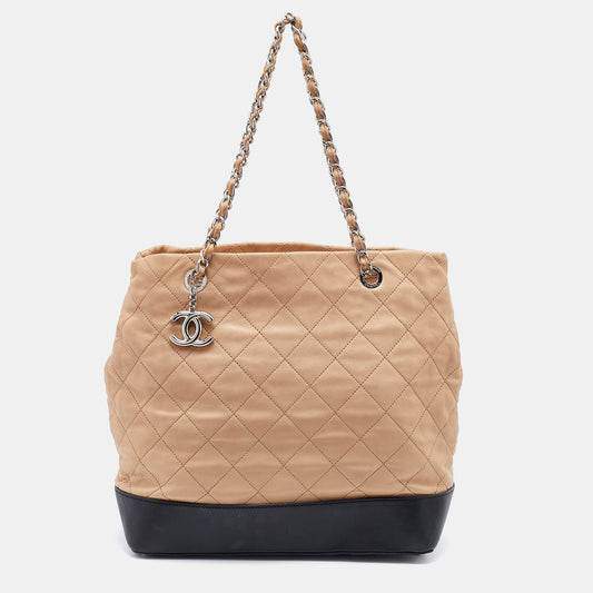 Chanel Beige/Black Quilted Leather CC Chain Link Tote