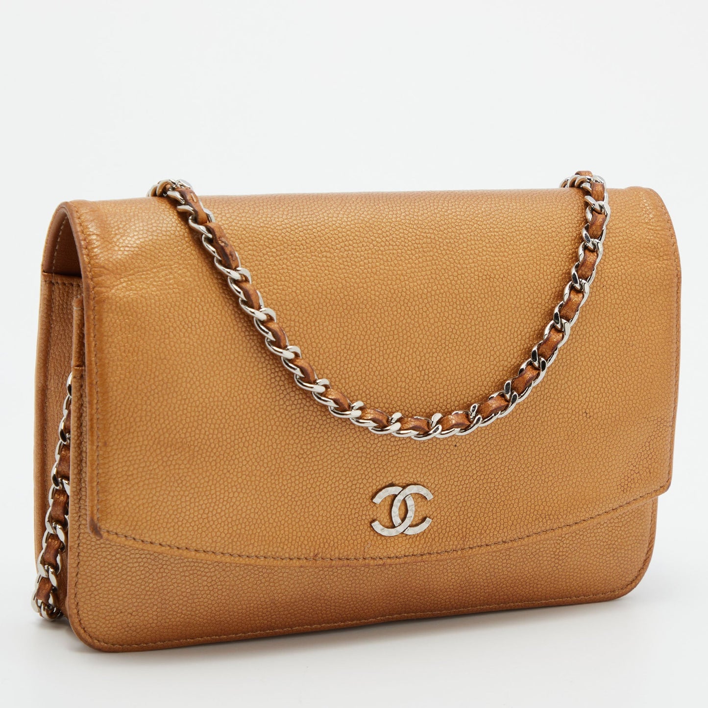 CHANEL Metallic Bronze Caviar Leather Sevruga Wallet on Chain