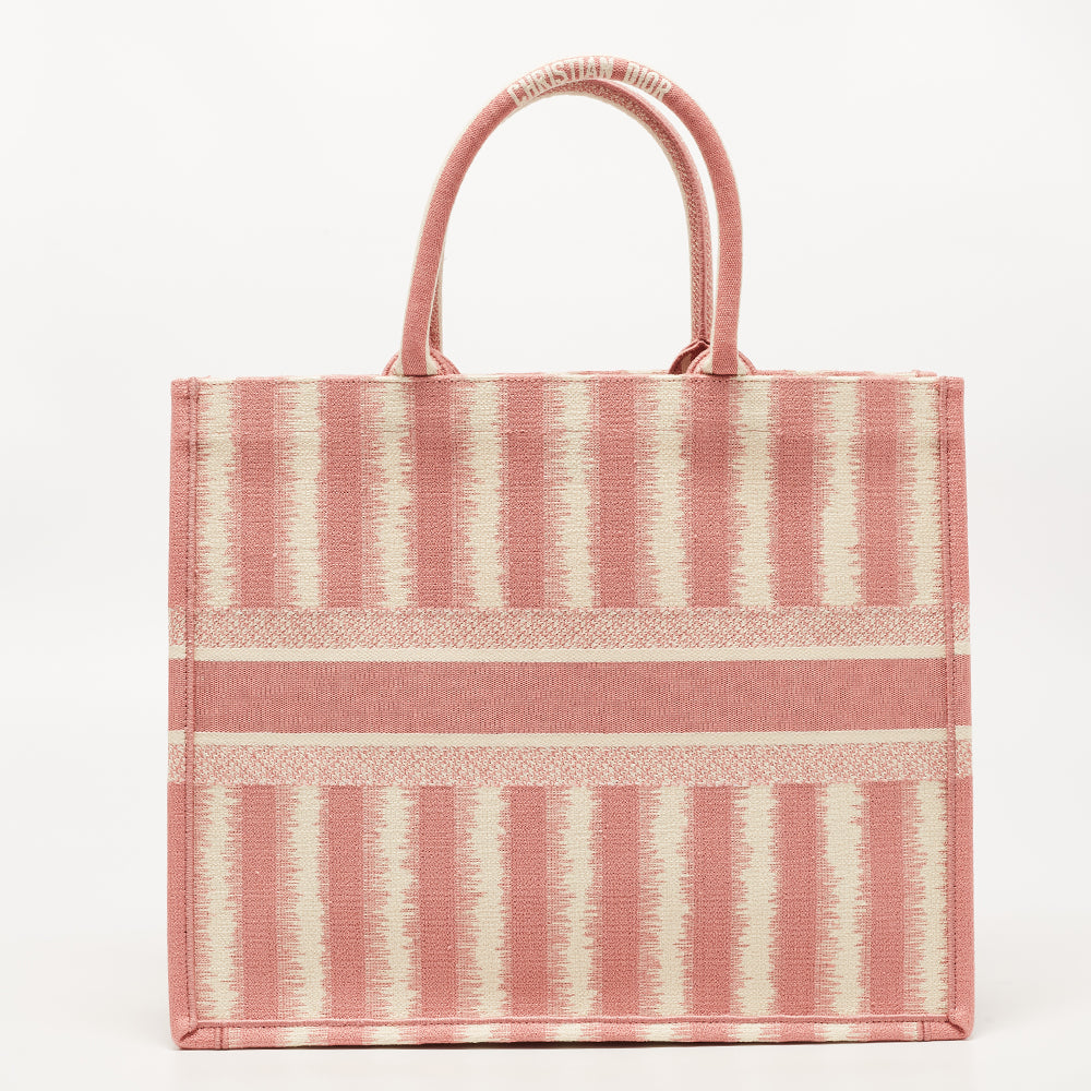 DIOR Pink/White Embroidered Canvas D-Stripe Book Tote