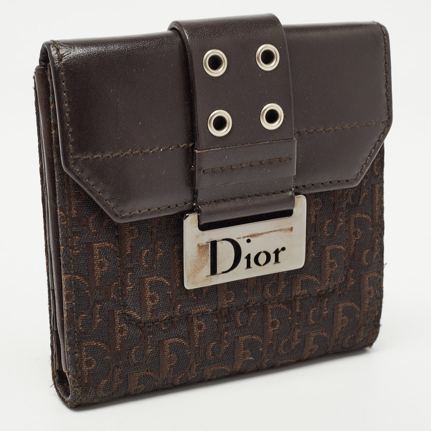 DIOR Dark Brown Oblique Canvas and Leather Street Chic Compact Wallet