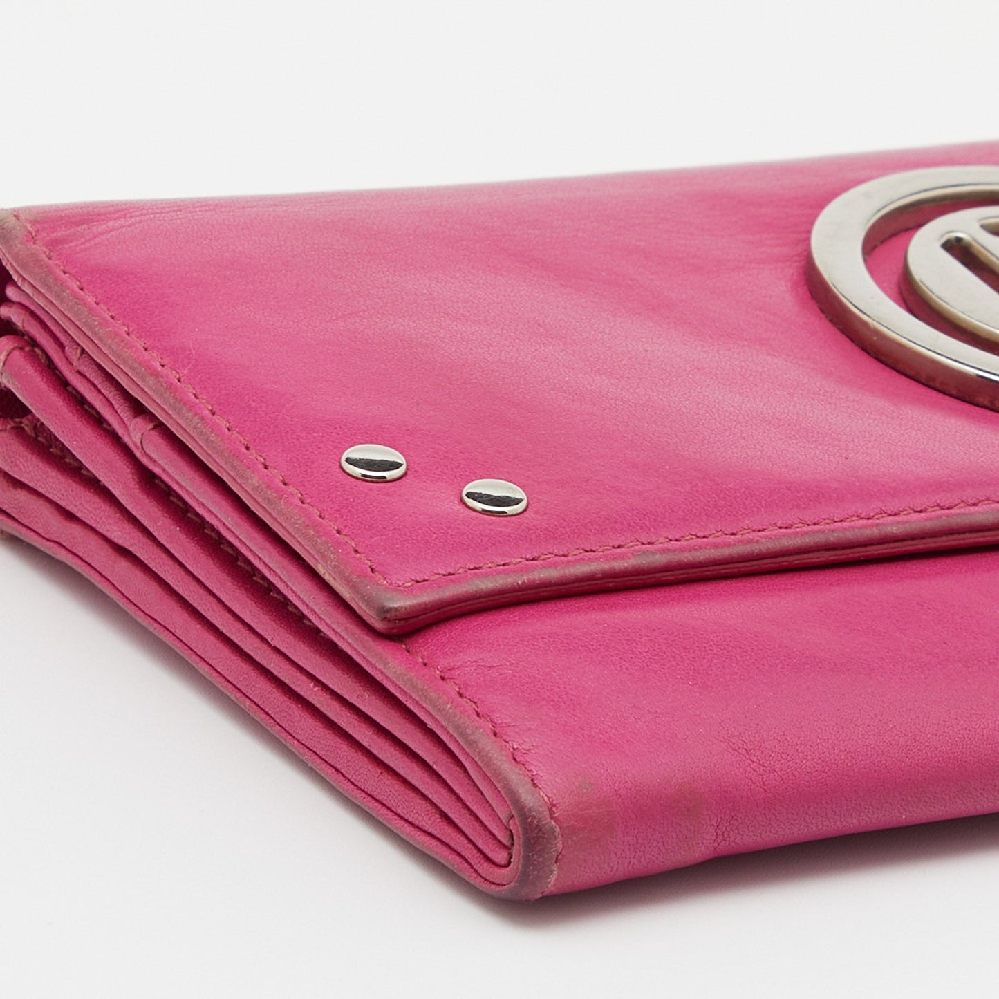 DIOR Pink Leather Round Logo Flap Continental Wallet