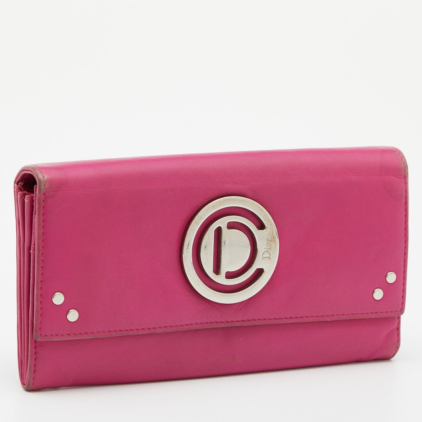 DIOR Pink Leather Round Logo Flap Continental Wallet