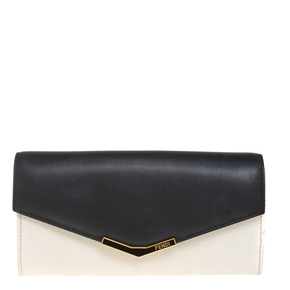 Fendi Off White/Black Leather Envelope Continental Wallet