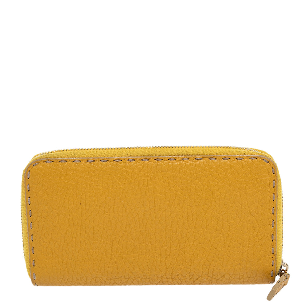 Fendi Yellow Leather Selleria Zip Around Wallet