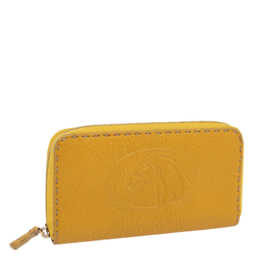 Fendi Yellow Leather Selleria Zip Around Wallet