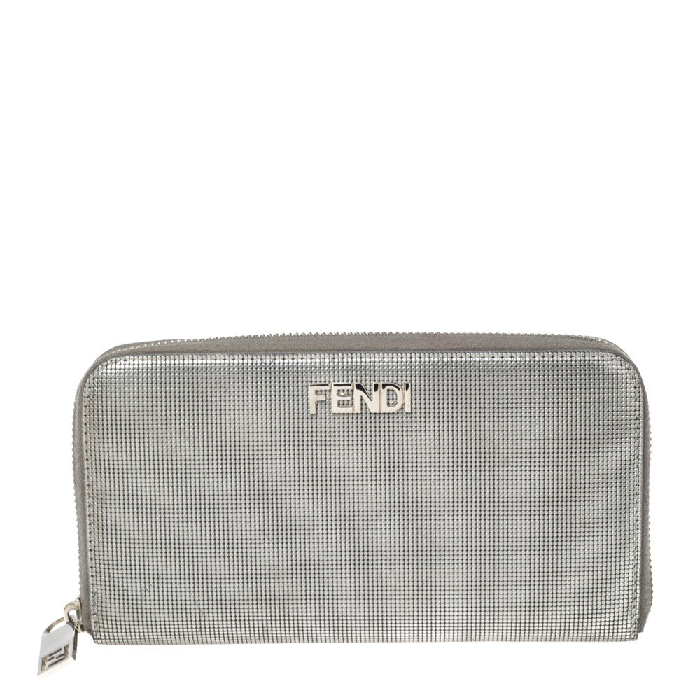 Fendi Silver Textured Leather Zip Around Continental Wallet