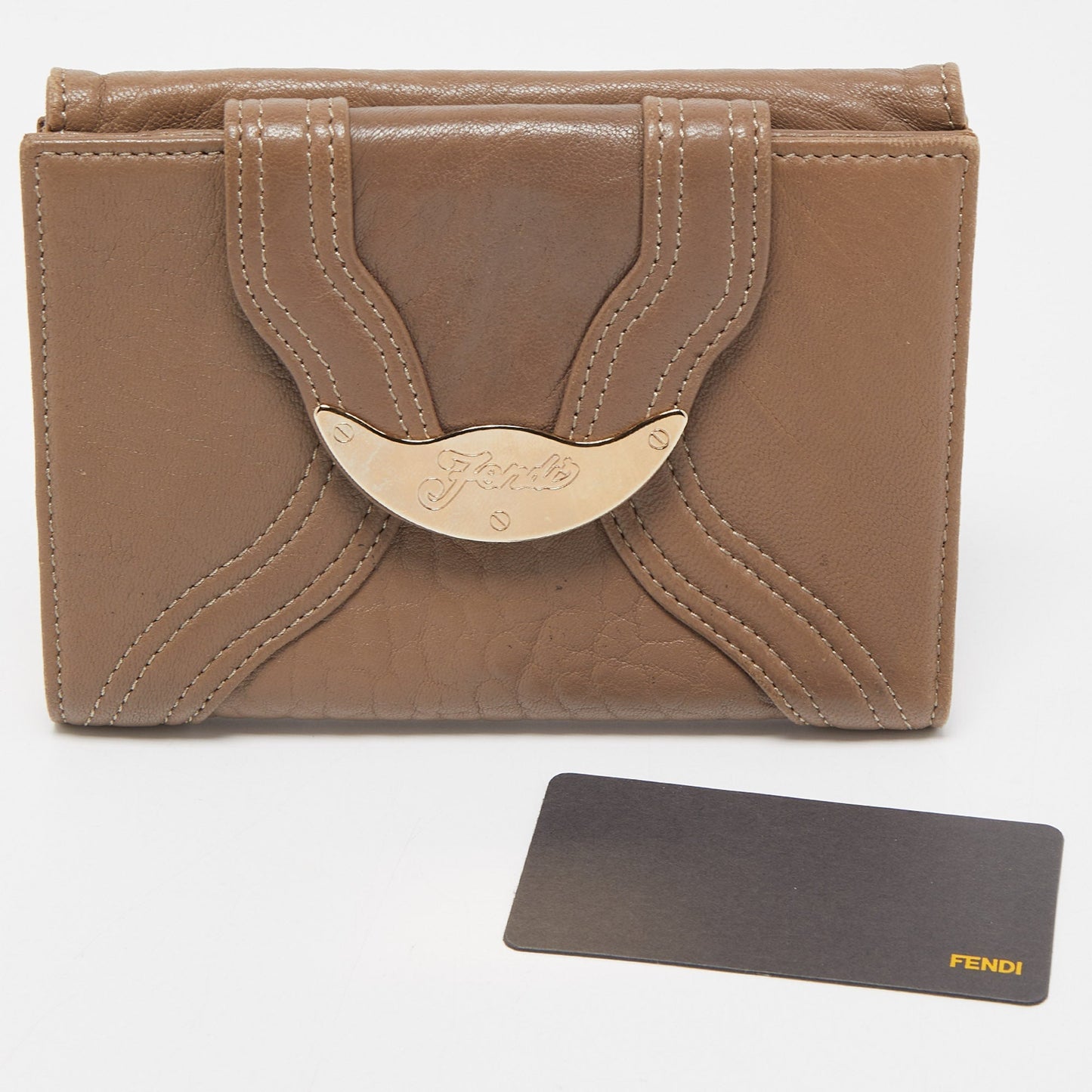 FENDI Dark Beige Leather Compact Flap Wallet