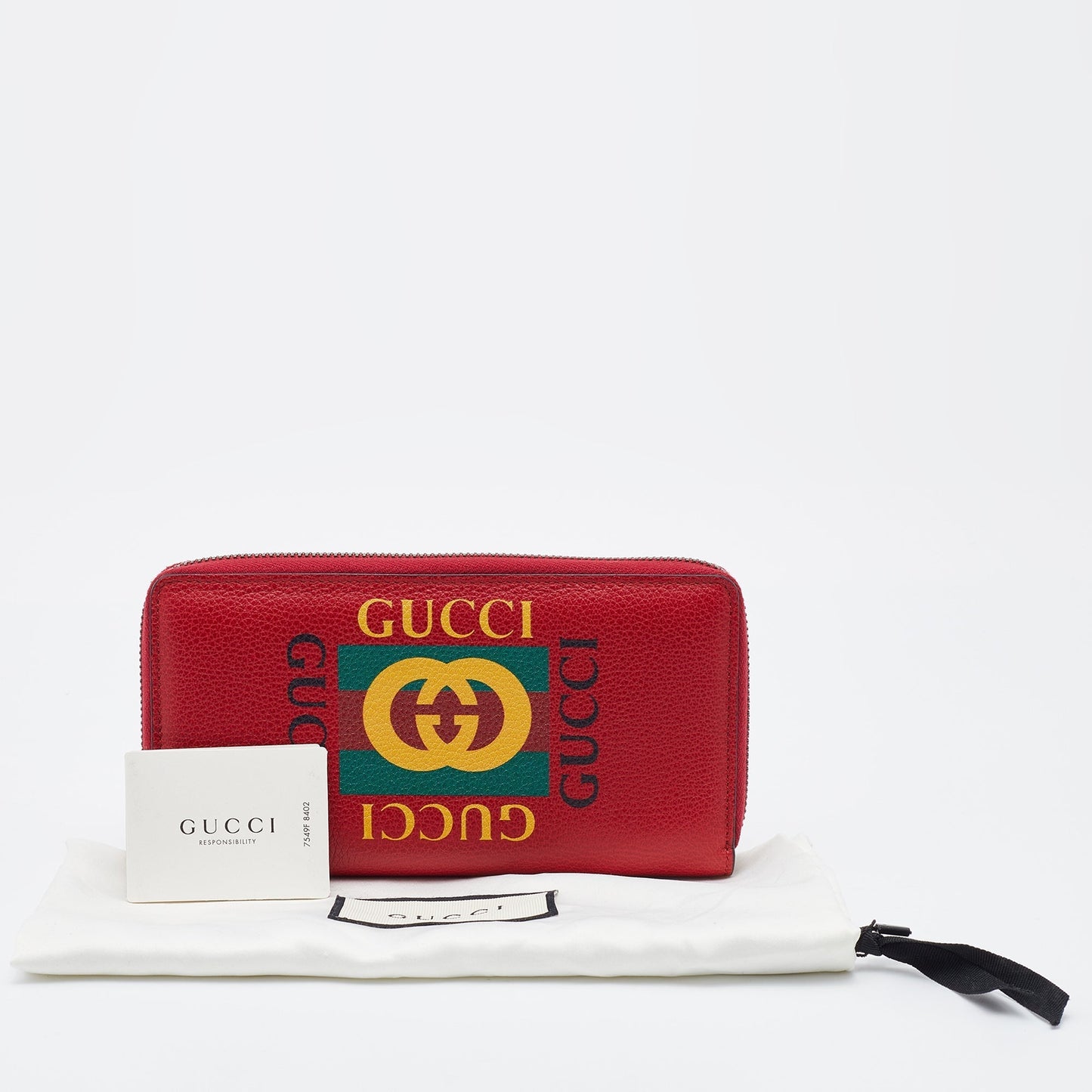 Gucci Red Leather Logo Print Zip Around Wallet