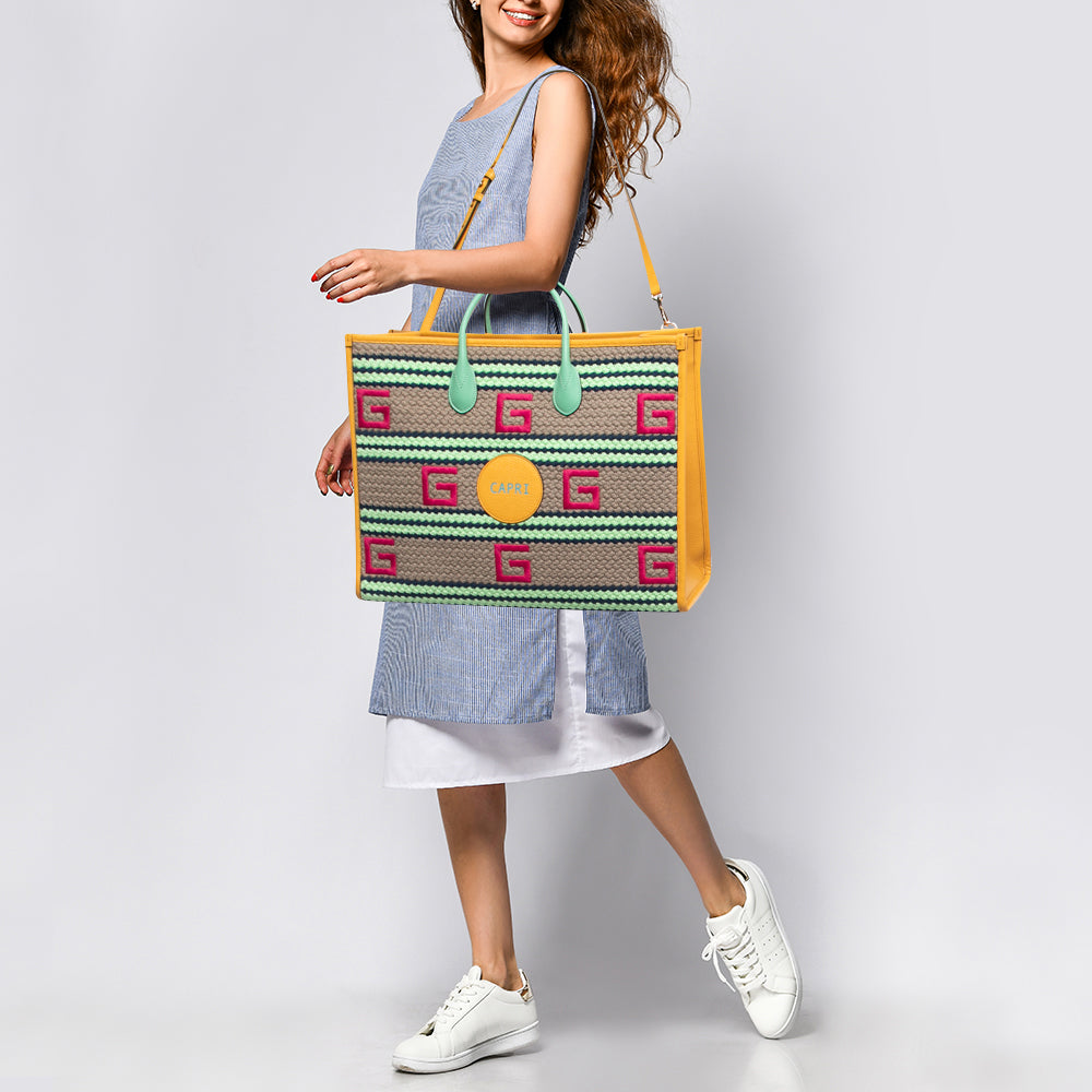 GUCCI Multicolor Woven Fabric and Leather Square G Capri Stripe Tote